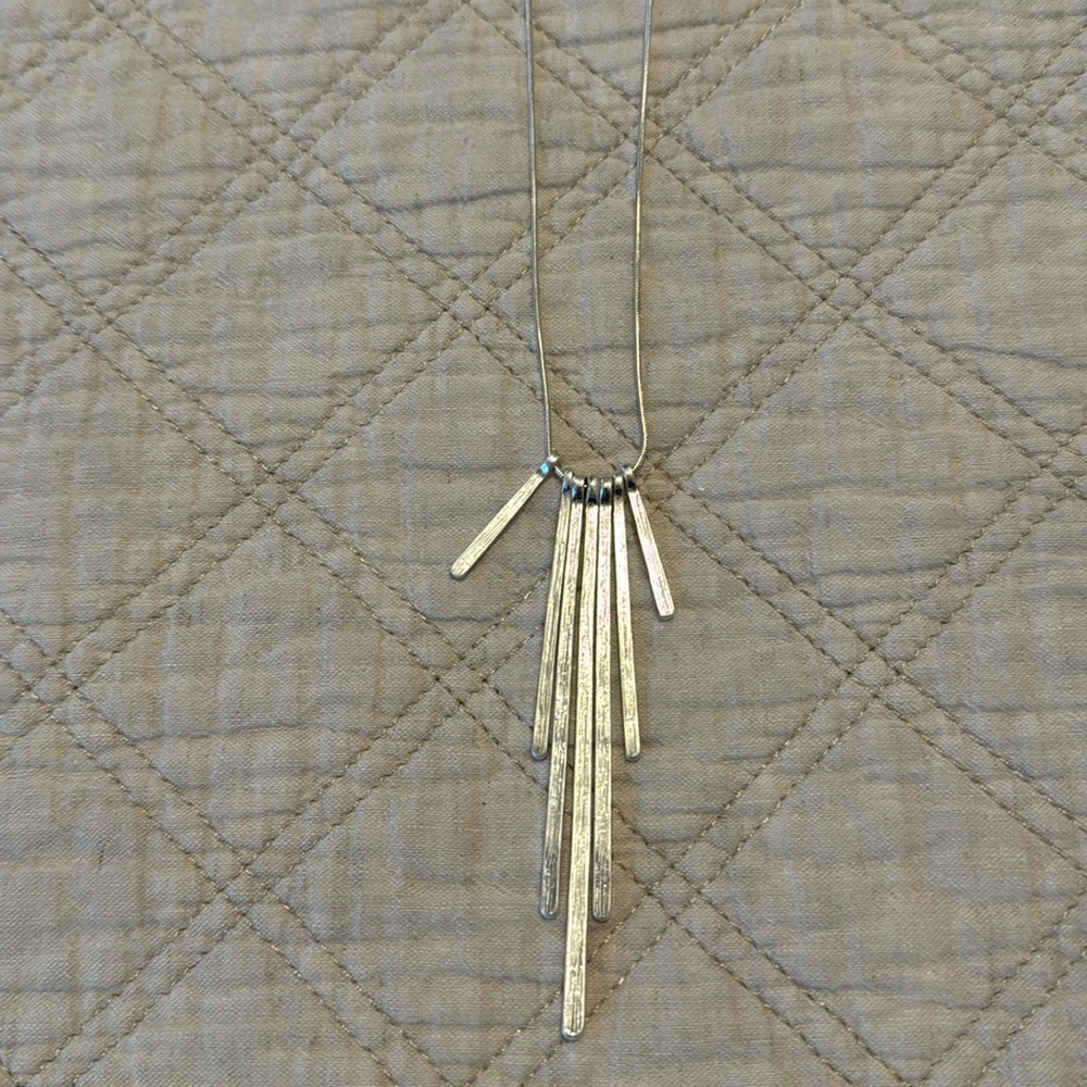 Long Silver Tone Hammered Fringe Bar Pendant Necklace